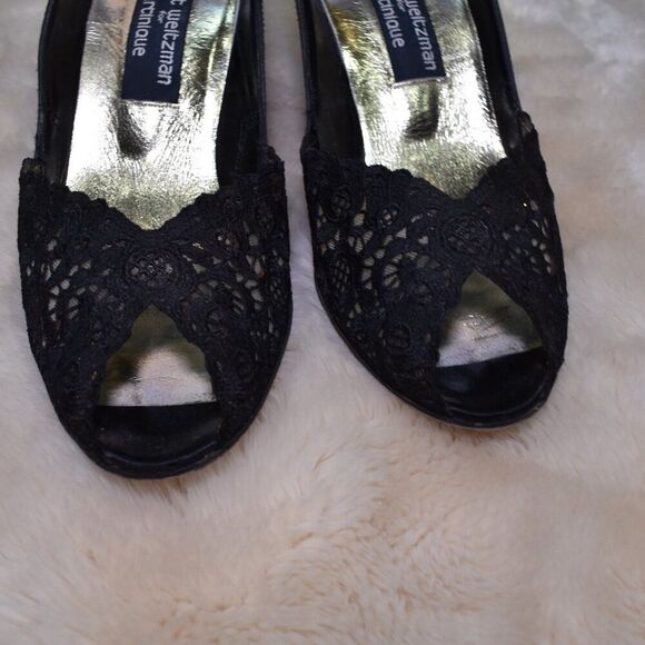Stuart Weitzman VTG Black Satin Lace Open Toe Heels Size 8.5 Dress Shoe - Picture 5 of 11